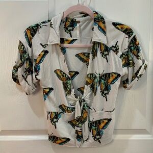 NWOT FREE PEOPLE READY SET SAIL BUTTERFLY TIE CROP TOP WHITE V NECK SIZE MEDIUM
